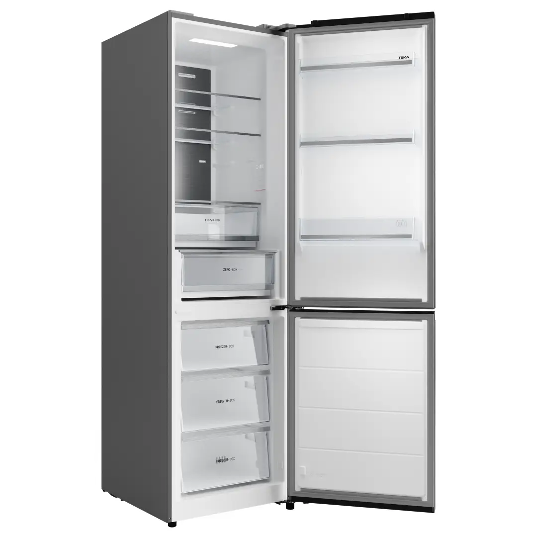 Frigorífico combi Teka RBF-68670 SS abierto de lateral mostrando distribución interior