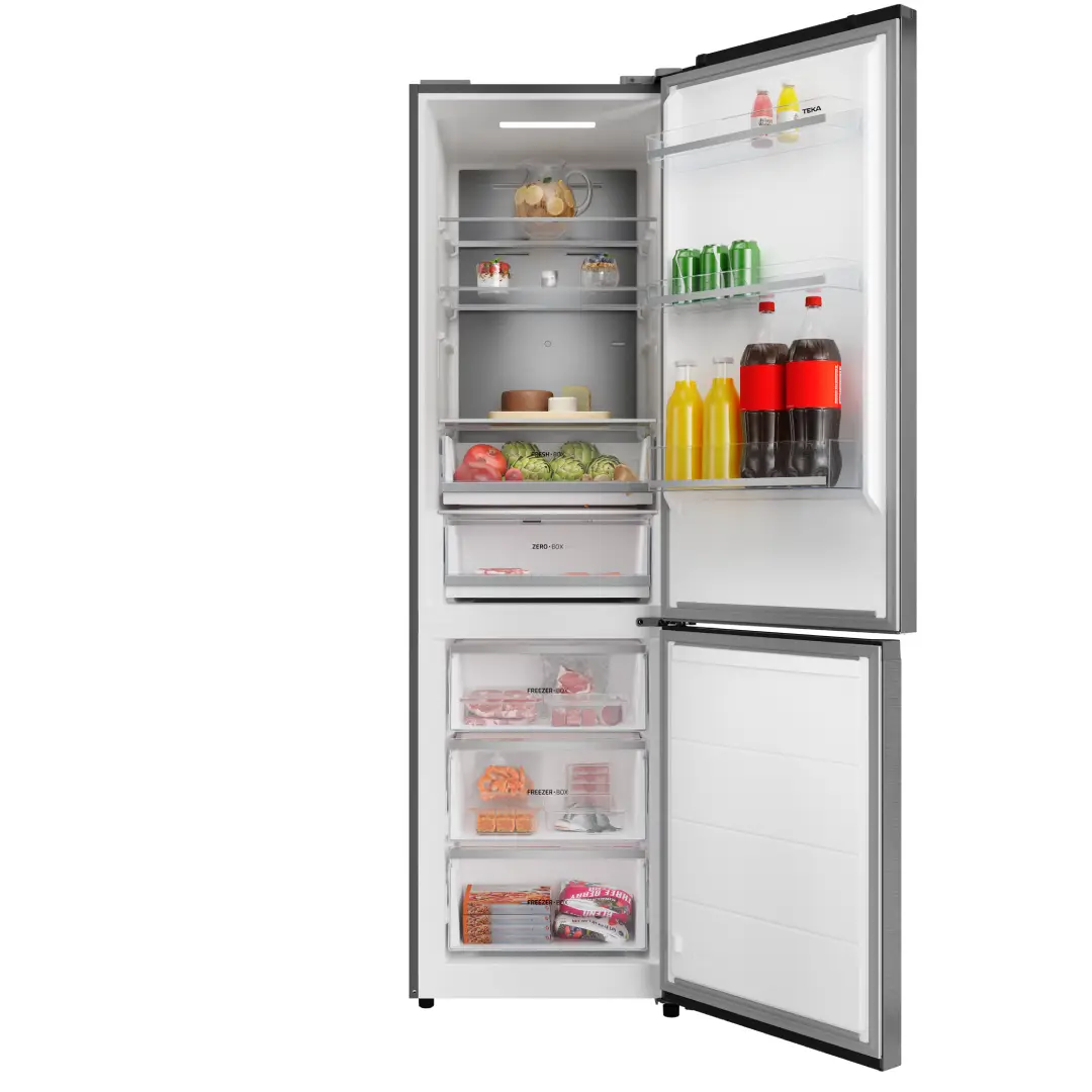 Frigorífico combi Teka RBF-68670 SS abierto con alimentos mostrando su capacidad interior