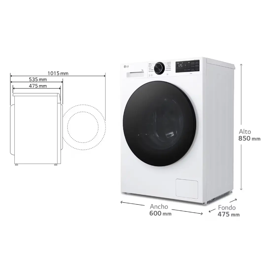 Medidas de la lavadora LG F2X-50S9TLB para instalación en espacio de lavadero o cocina