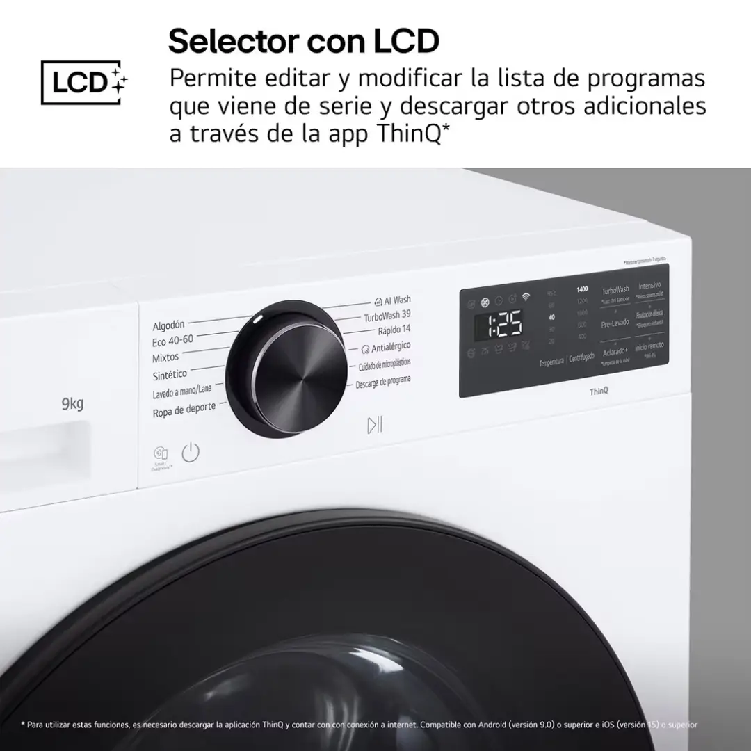 Panel LED de la lavadora LG F2X-50S9TLB con selección de programas y control inteligente