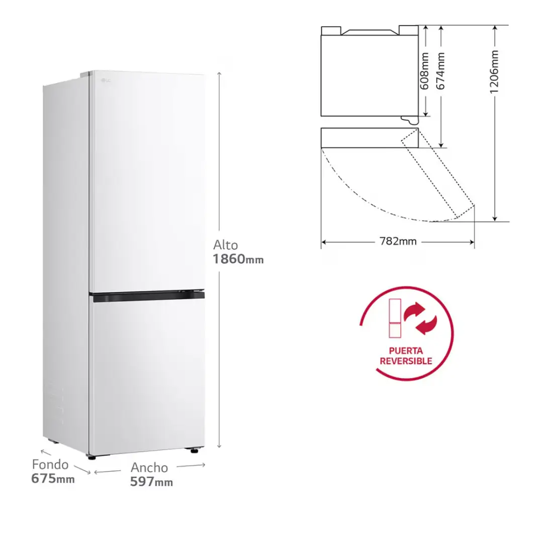 Medidas y dimensiones del frigorífico combi LG GBBSJ-10ESW para instalación en cocina (185 cm altura aproximada).