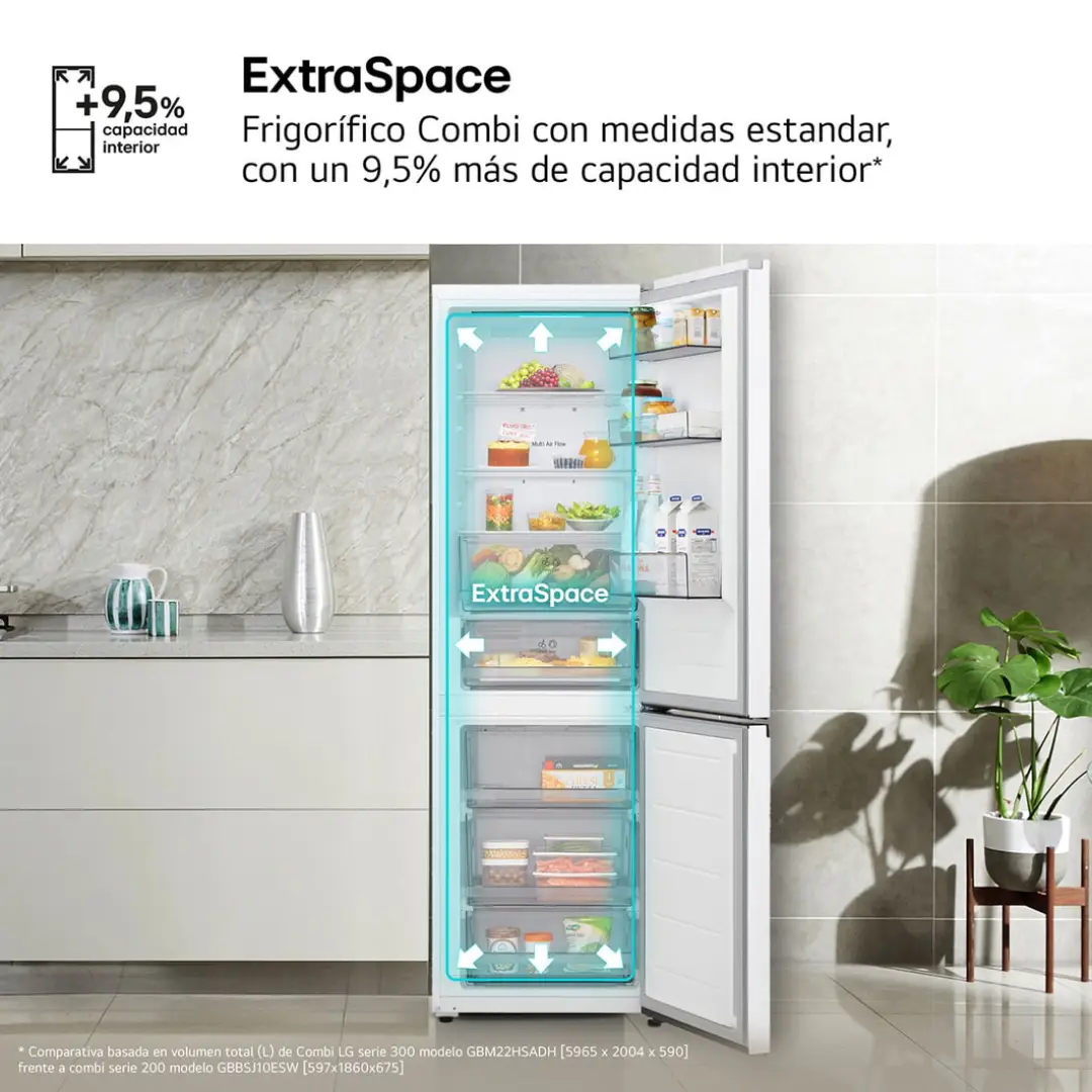Frigorífico LG GBBSJ-10ESW abierto mostrando su gran capacidad de 333 litros completamente lleno y organizado.