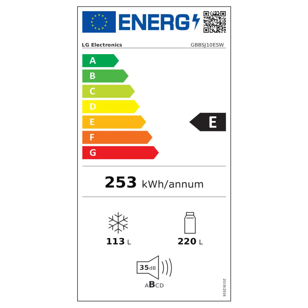 Etiqueta de eficiencia energética Clase E del frigorífico combi LG GBBSJ-10ESW con consumo anual detallado.