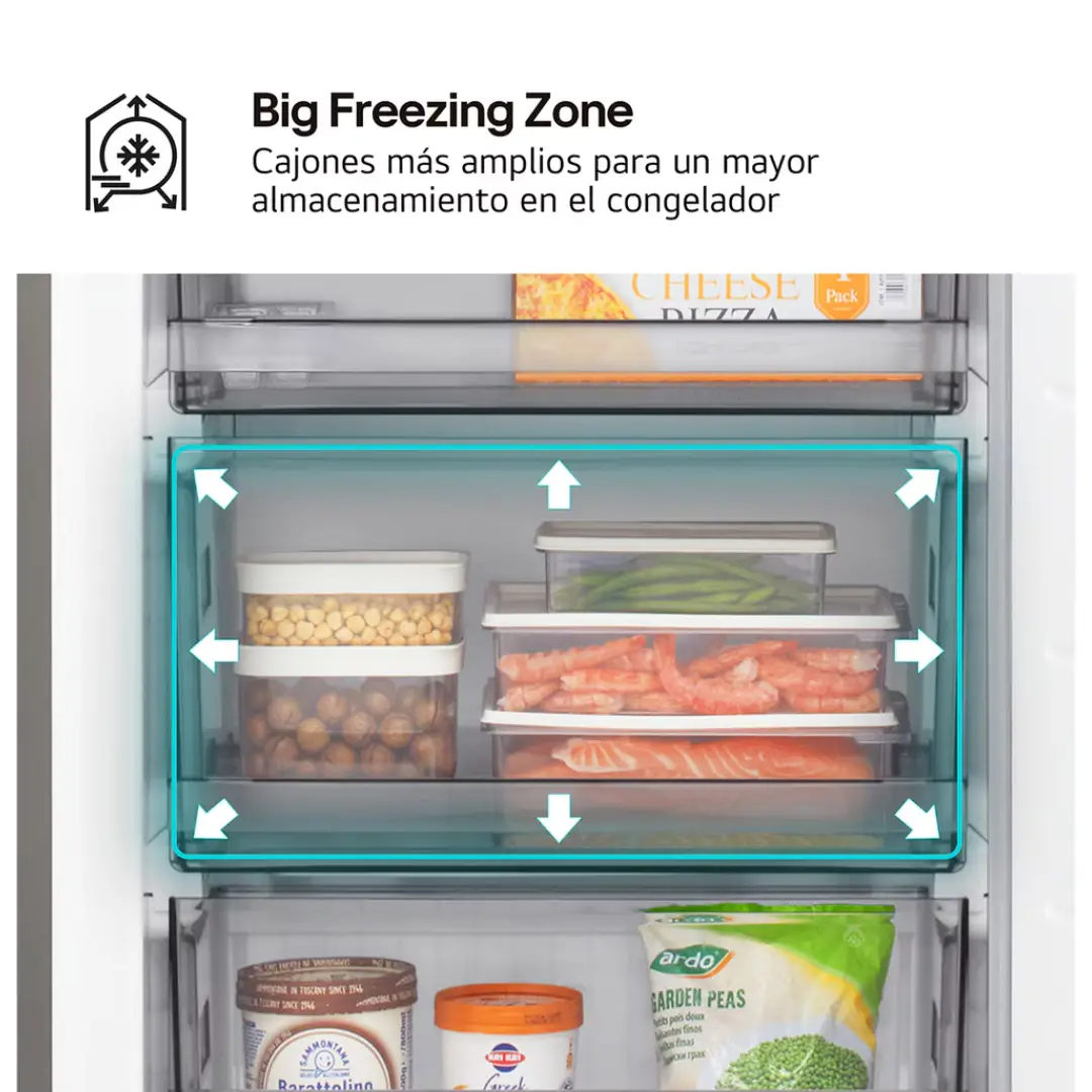 Detalle de los cajones del frigorífico LG GBBSJ-10EPY para conservación óptima de frutas, verduras y alimentos frescos