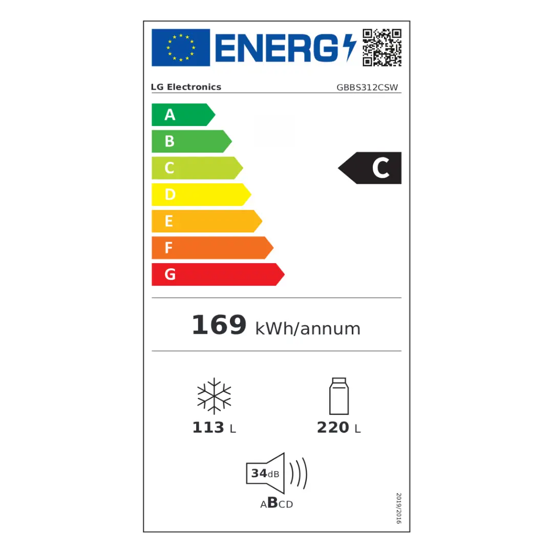 Etiqueta de eficiencia energética Clase C del frigorífico combi LG GBBS-312CSW con consumo anual detallado.