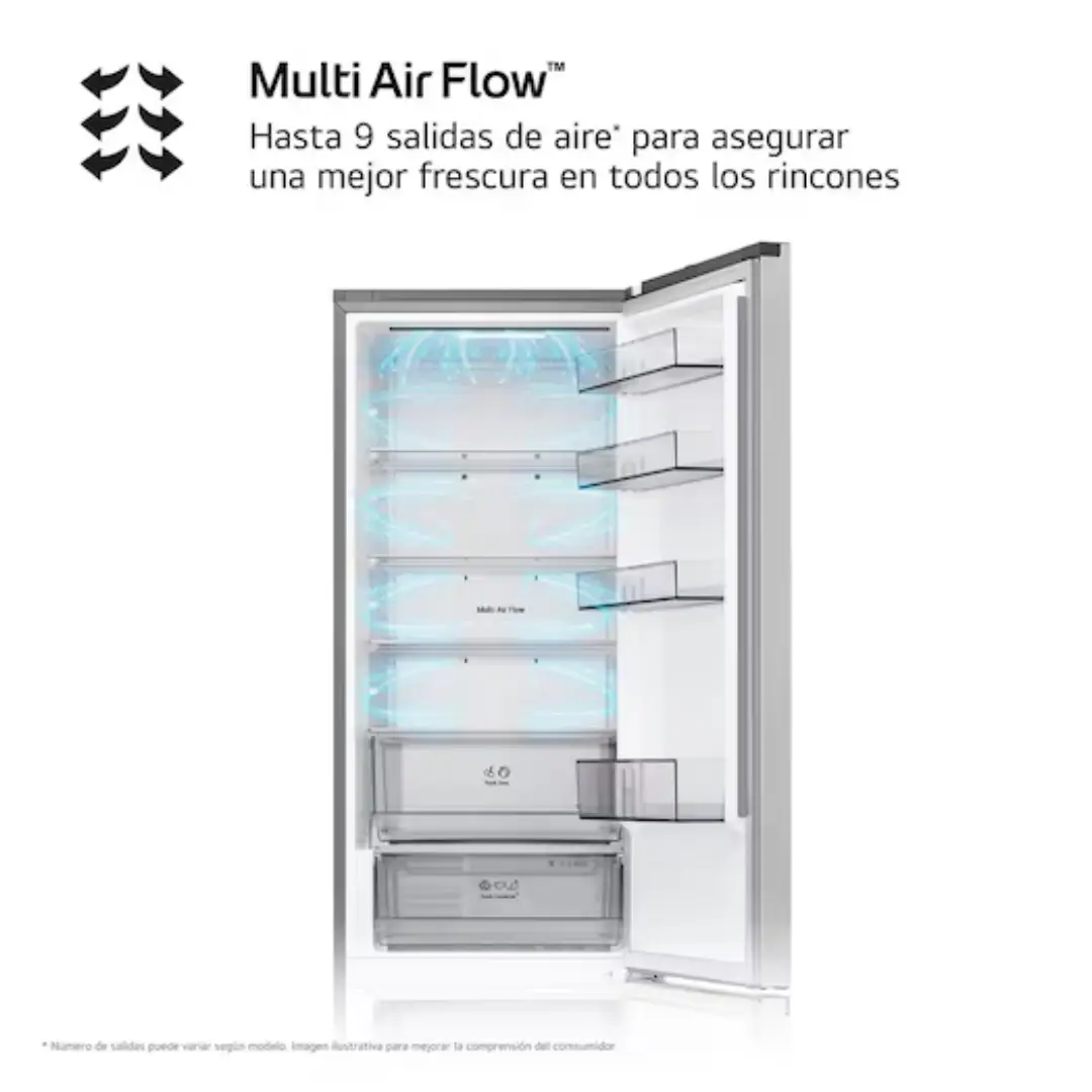 Frigorífico combi LG GBBSJ-2CCPY abierto mostrando sistema MultiAirFlow y organización interior