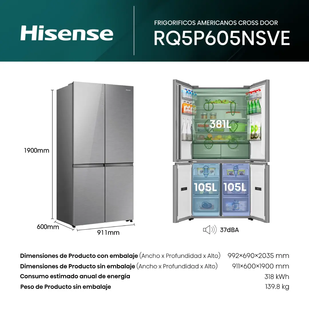Frigorífico americano Hisense RQ-5P605NSVE abierto mostrando su interior y dimensiones 190x91 cm