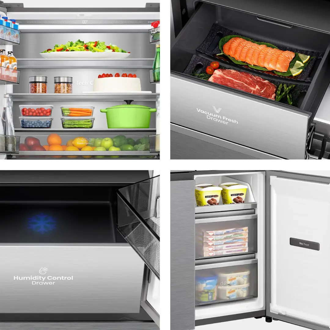 Detalle de los cajones del frigorífico Hisense RQ-5P605NSVE con organización del congelador