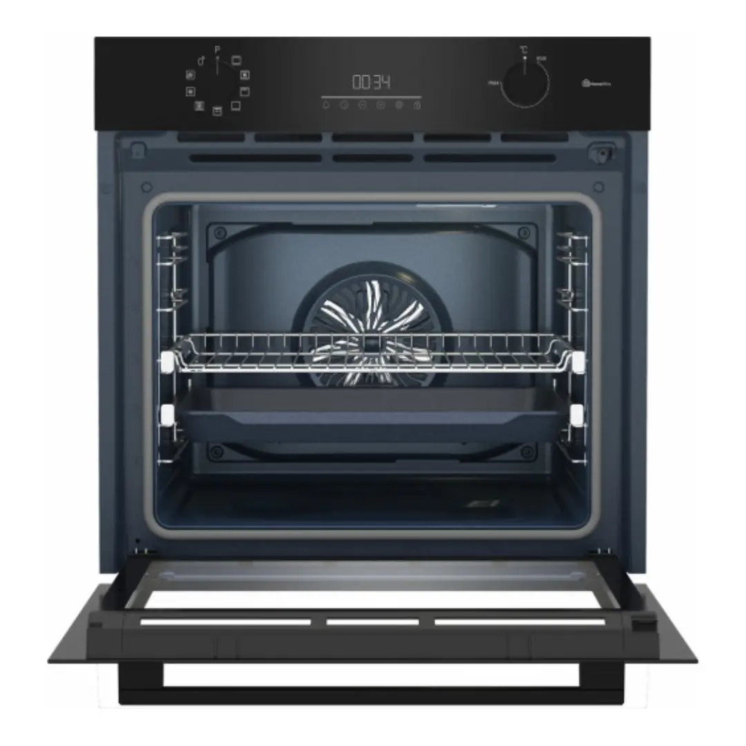 Horno Beko BCBIM-17300KSBMPBC abierto mostrando su interior de gran capacidad con bandejas y guías telescópicas