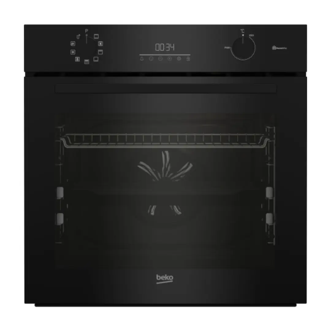 Horno Beko BCBIM-17300KSBMPBC en color negro de 72 litros con función pirólisis y eficiencia A+ vista frontal empotrable