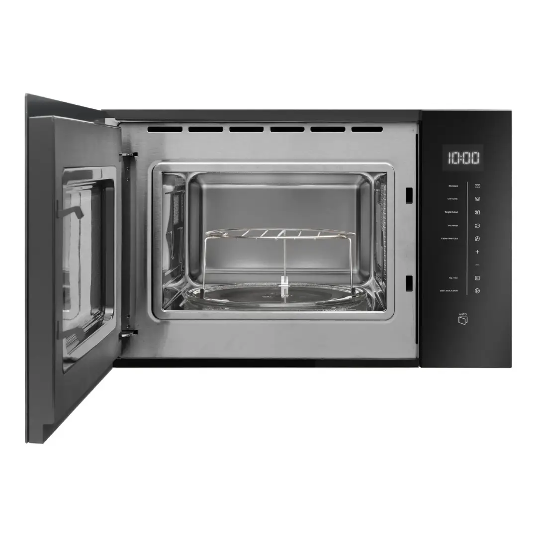 Microondas Fagor 4MWB-25BTCGN abierto mostrando función grill con rejilla interior en funcionamiento
