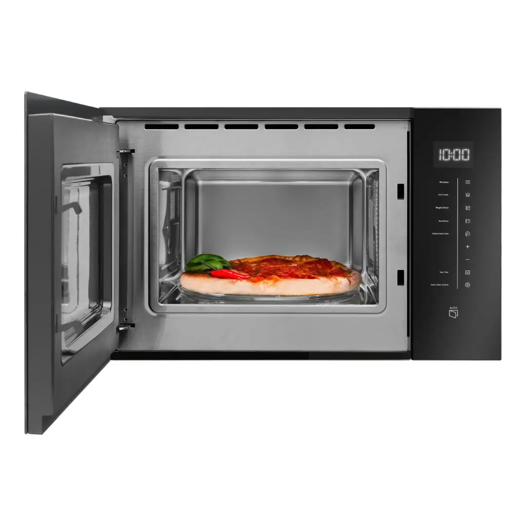 Microondas Fagor 4MWB-25BTCGN en funcionamiento con interior iluminado mostrando proceso de cocción