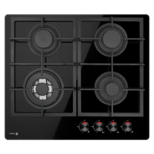 Placa de gas Fagor 3CFI-4GLSPA en cristal negro con 4 zonas de cocción y potencia de 8.1kW vista superior empotrable compatible con gas natural y butano