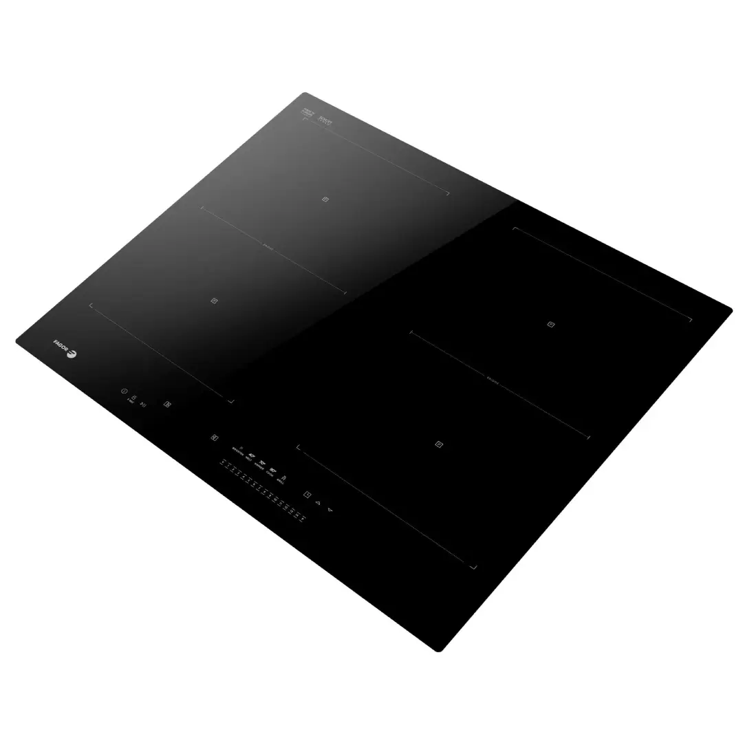 Placa de inducción Fagor 4IF-ZONE40BC vista lateral mostrando su perfil ultrafino y acabado en cristal negro