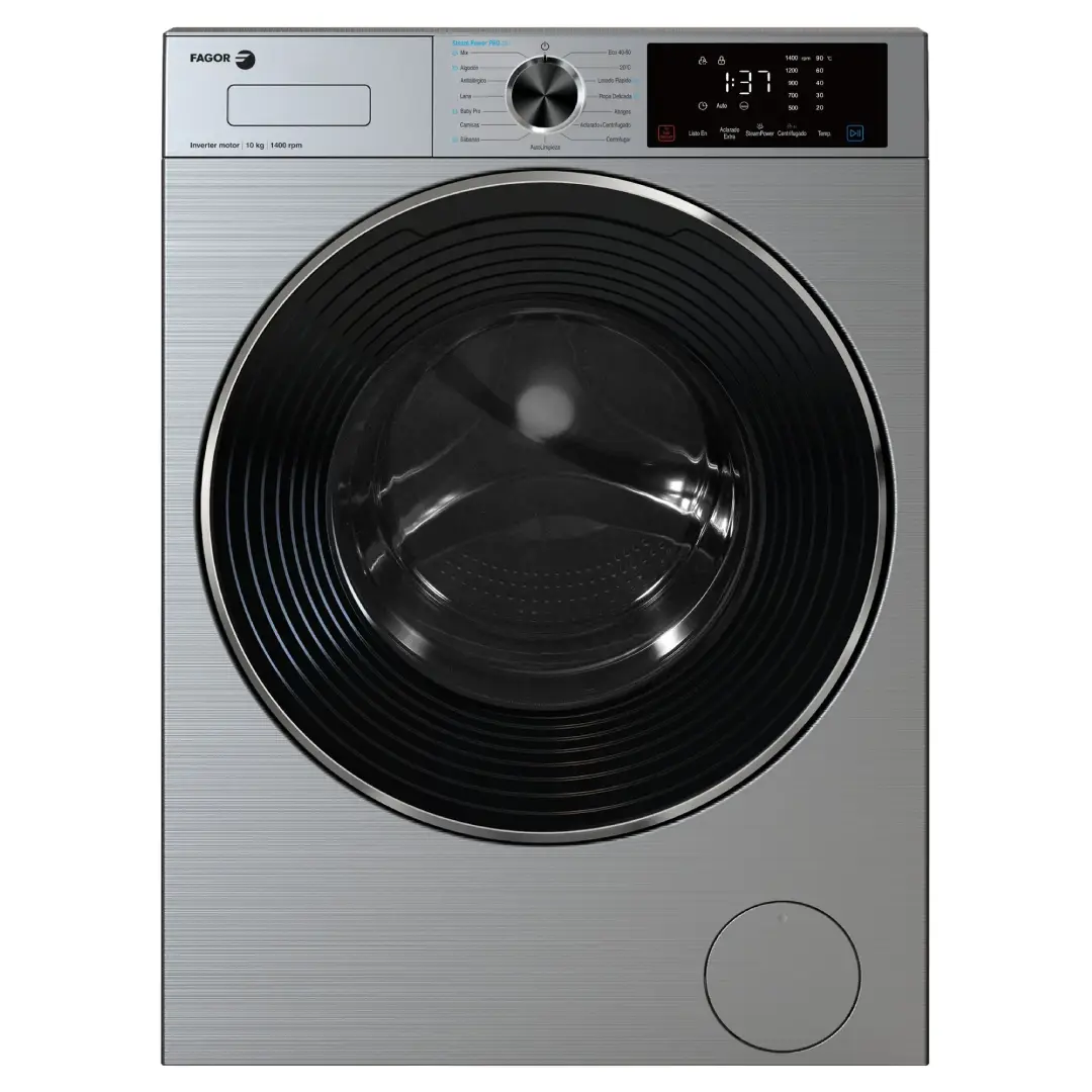 Lavadora Fagor 5FE-10714X en acero inoxidable de 10 kg de capacidad, 1400 RPM y Clase A con tecnología Vapor SteamPower Pro, vista frontal principal.