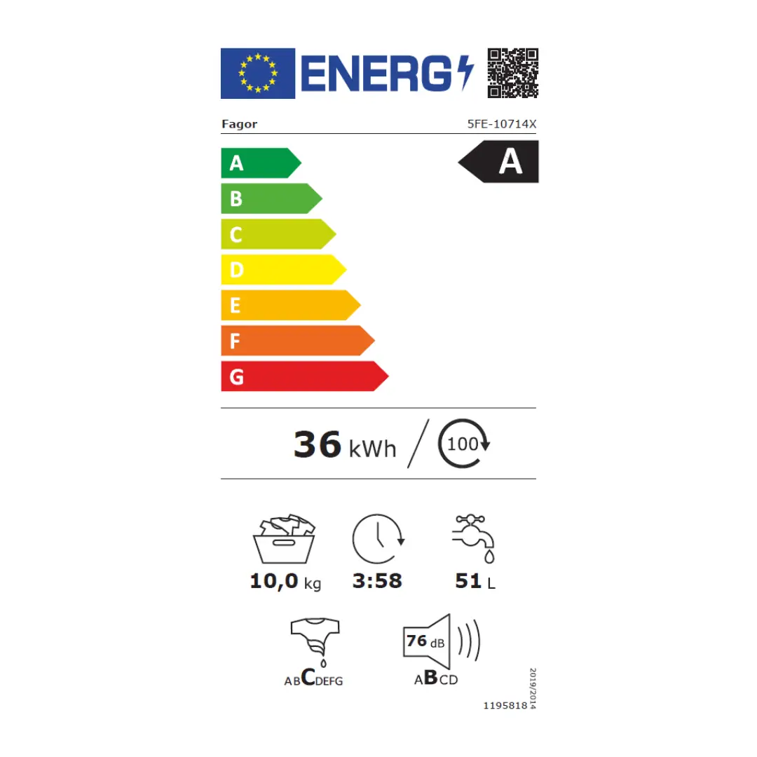 Etiqueta de eficiencia energética Clase A de la lavadora Fagor 5FE-10714X con datos de consumo anual.