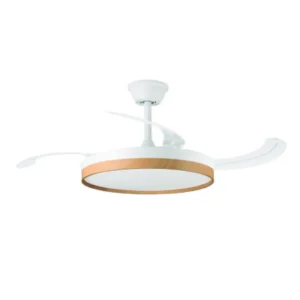 Ventilador de techo retráctil Orbegozo CP-160105 en color haya de 105 cm con motor DC eficiente, luz LED 40W y aspas retráctiles, vista frontal principal.