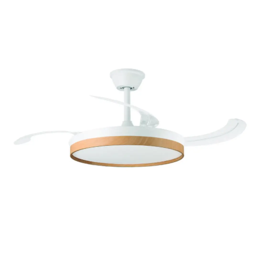 Ventilador de techo retráctil Orbegozo CP-160105 en color haya de 105 cm con motor DC eficiente, luz LED 40W y aspas retráctiles, vista frontal principal.