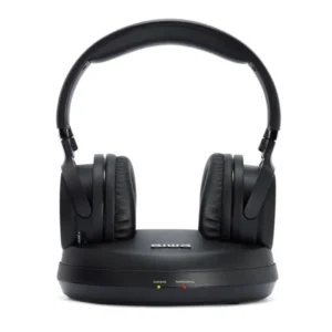 Auriculares inalámbricos Aiwa WHF-880MKII para TV con tecnología RF, alcance de hasta 100 metros, base de carga y autonomía de 10 horas vista frontal con estación base