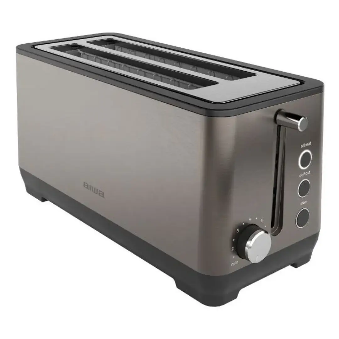 Tostador Aiwa ABT-1600 de 1600W con dos ranuras largas y acabado en acero inoxidable antihuellas vista frontal