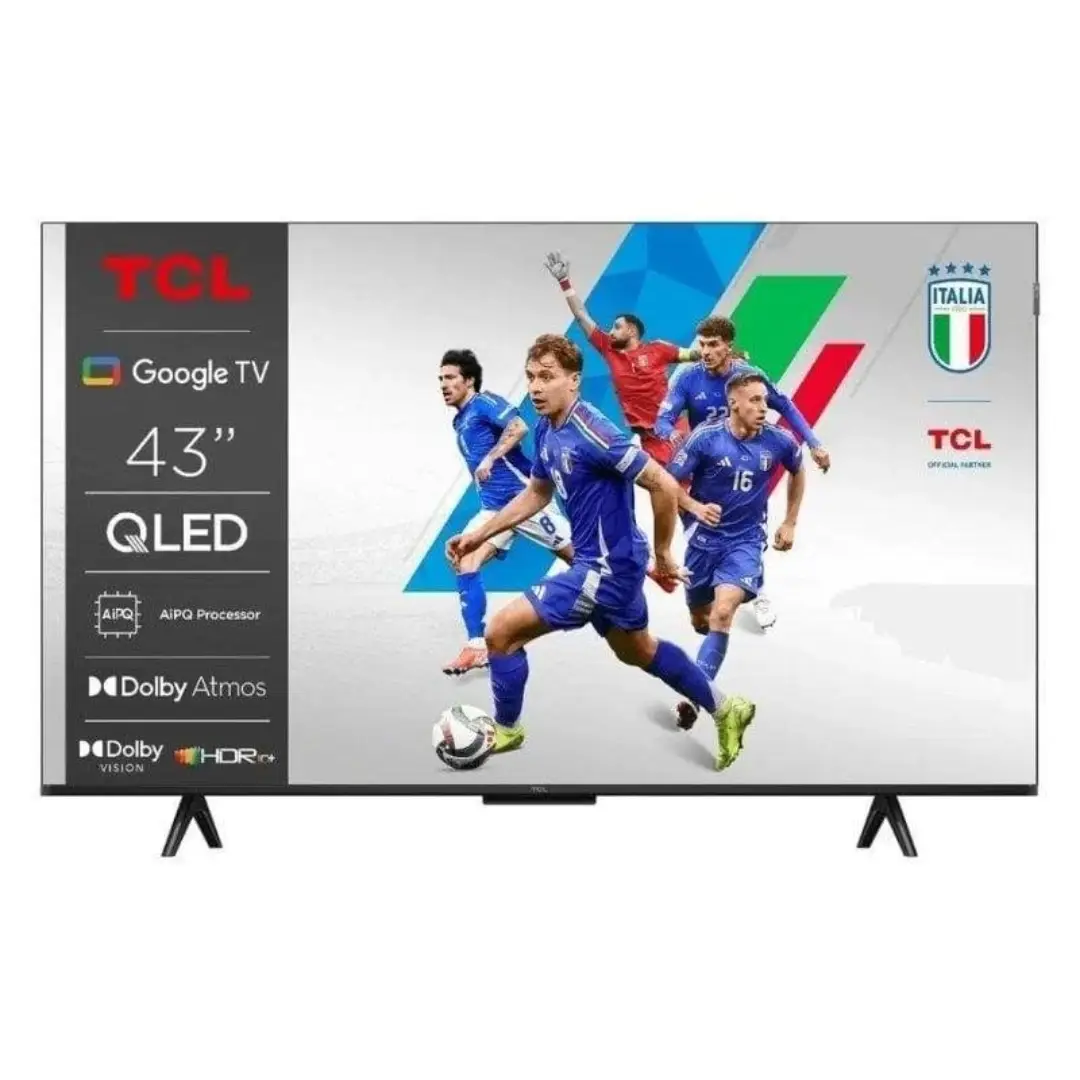 Televisor TCL 43T69C de 43 pulgadas QLED 4K con Google TV y audio Onkyo 2.0, vista frontal principal.
