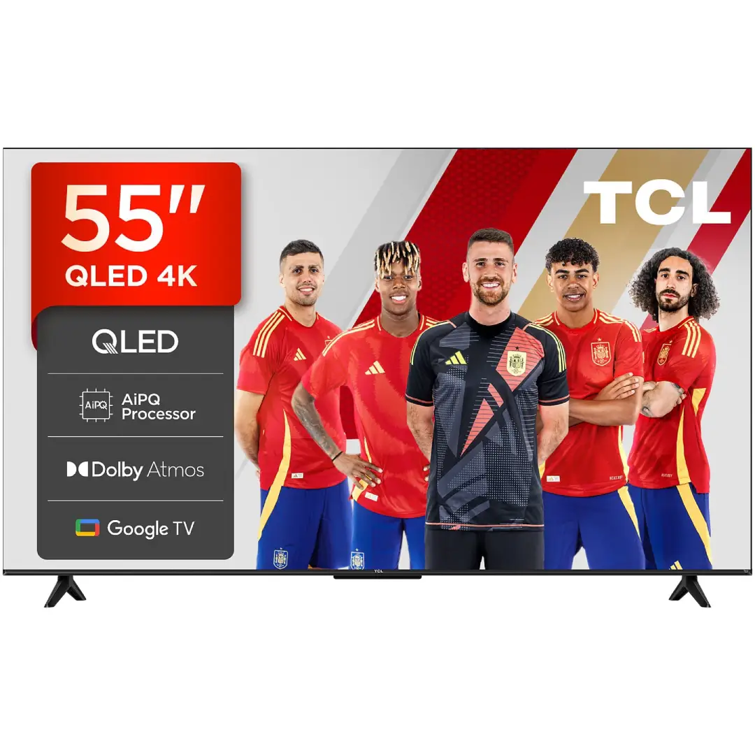 Televisor TCL 55T69C de 55 pulgadas QLED 4K con Google TV y HDR10+, vista frontal principal.