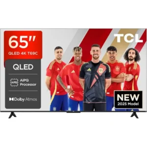 Televisor TCL 65T69C de 65 pulgadas QLED 4K con Google TV y audio Onkyo, vista frontal principal.
