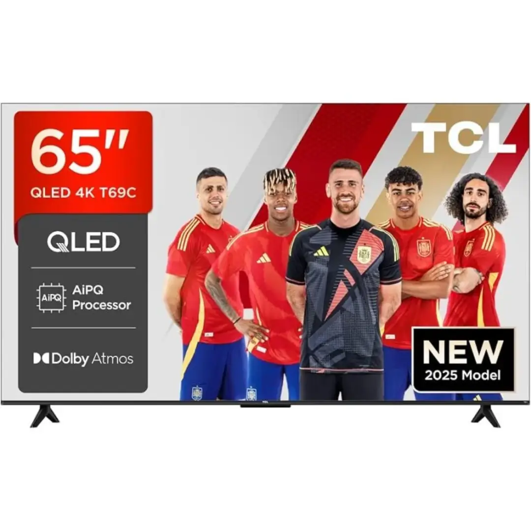 Televisor TCL 65T69C de 65 pulgadas QLED 4K con Google TV y audio Onkyo, vista frontal principal.