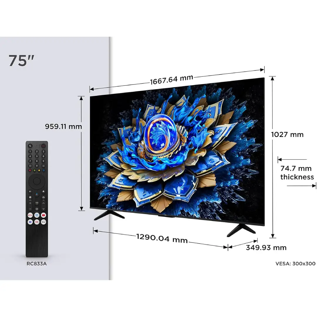 Medidas y dimensiones del televisor TCL 75T69C de 75 pulgadas (con y sin base) para instalación en salón.