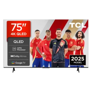 Televisor TCL 75T69C de 75 pulgadas QLED 4K con Google TV y audio Onkyo 2.0, vista frontal principal.