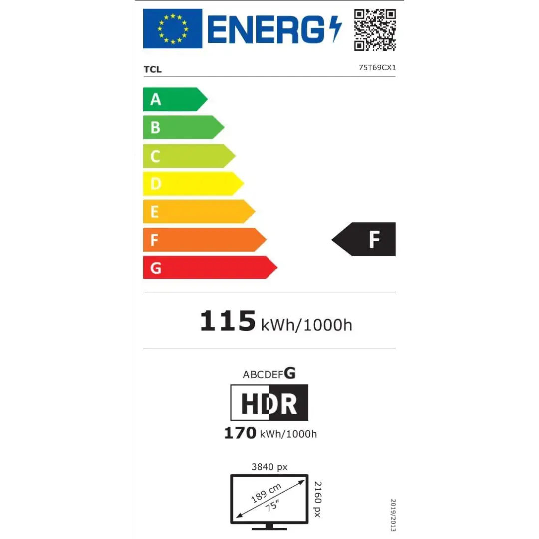 Etiqueta de eficiencia energética del televisor TCL 75T69C 75" QLED con datos de consumo anual.