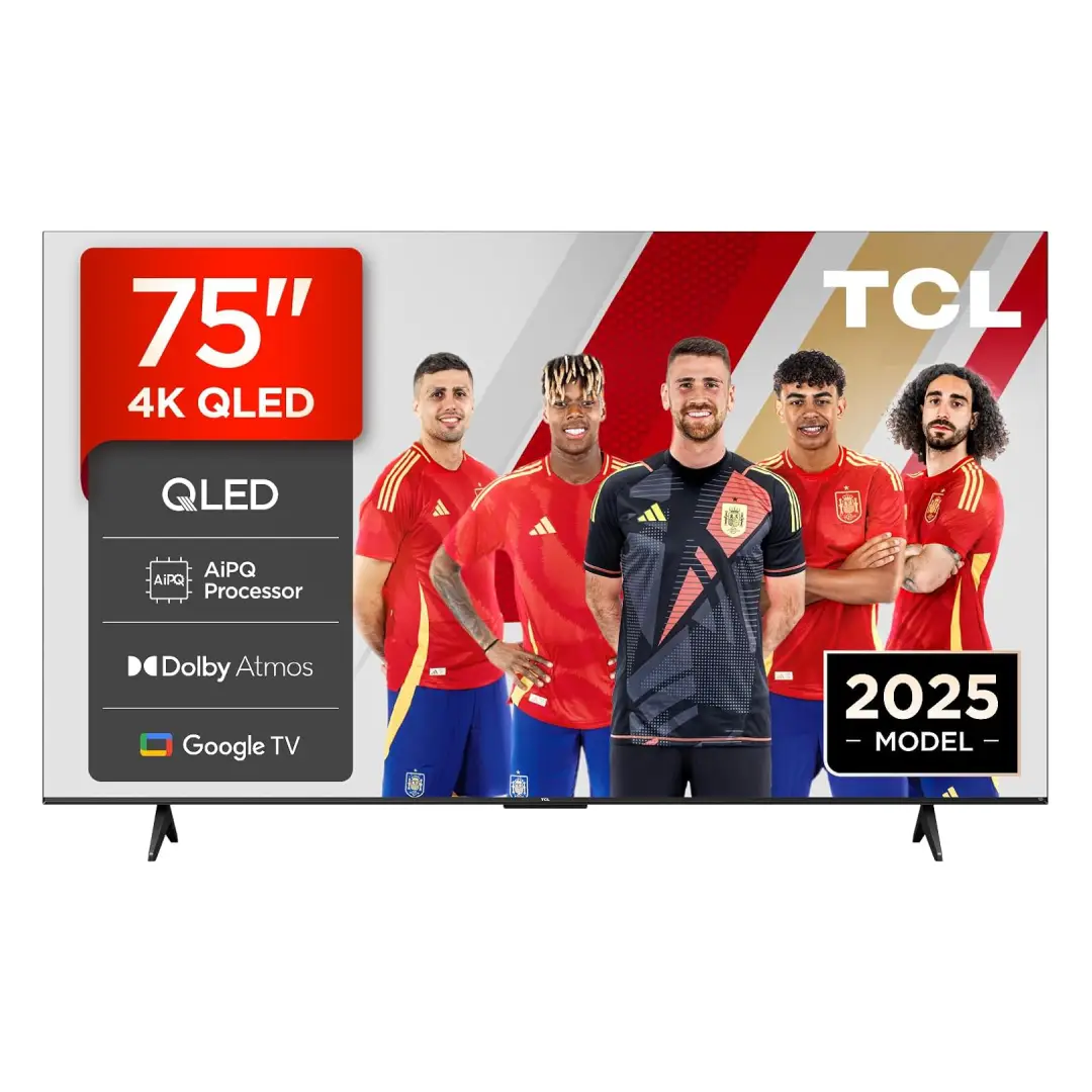 Televisor TCL 75T69C de 75 pulgadas QLED 4K con Google TV y audio Onkyo 2.0, vista frontal principal.