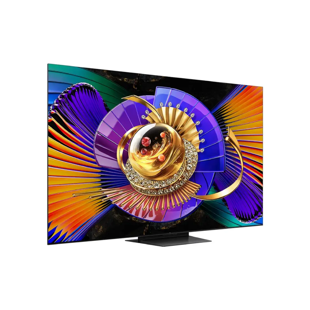 Vista frontal y lateral del televisor TCL 55C7L 55" Mini-LED 4K donde se aprecia el diseño delgado y los bordes.