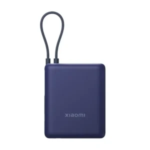 Batería externa Xiaomi de 10000 mAh en color azul con carga rápida de 33W y cable USB-C integrado vista frontal compacta y portátil