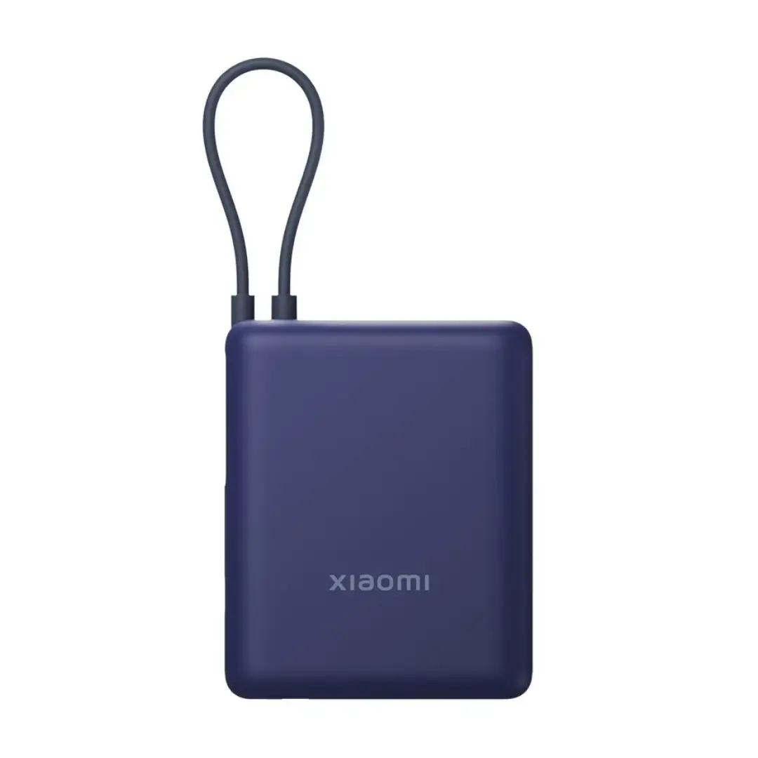 Batería externa Xiaomi de 10000 mAh en color azul con carga rápida de 33W y cable USB-C integrado vista frontal compacta y portátil