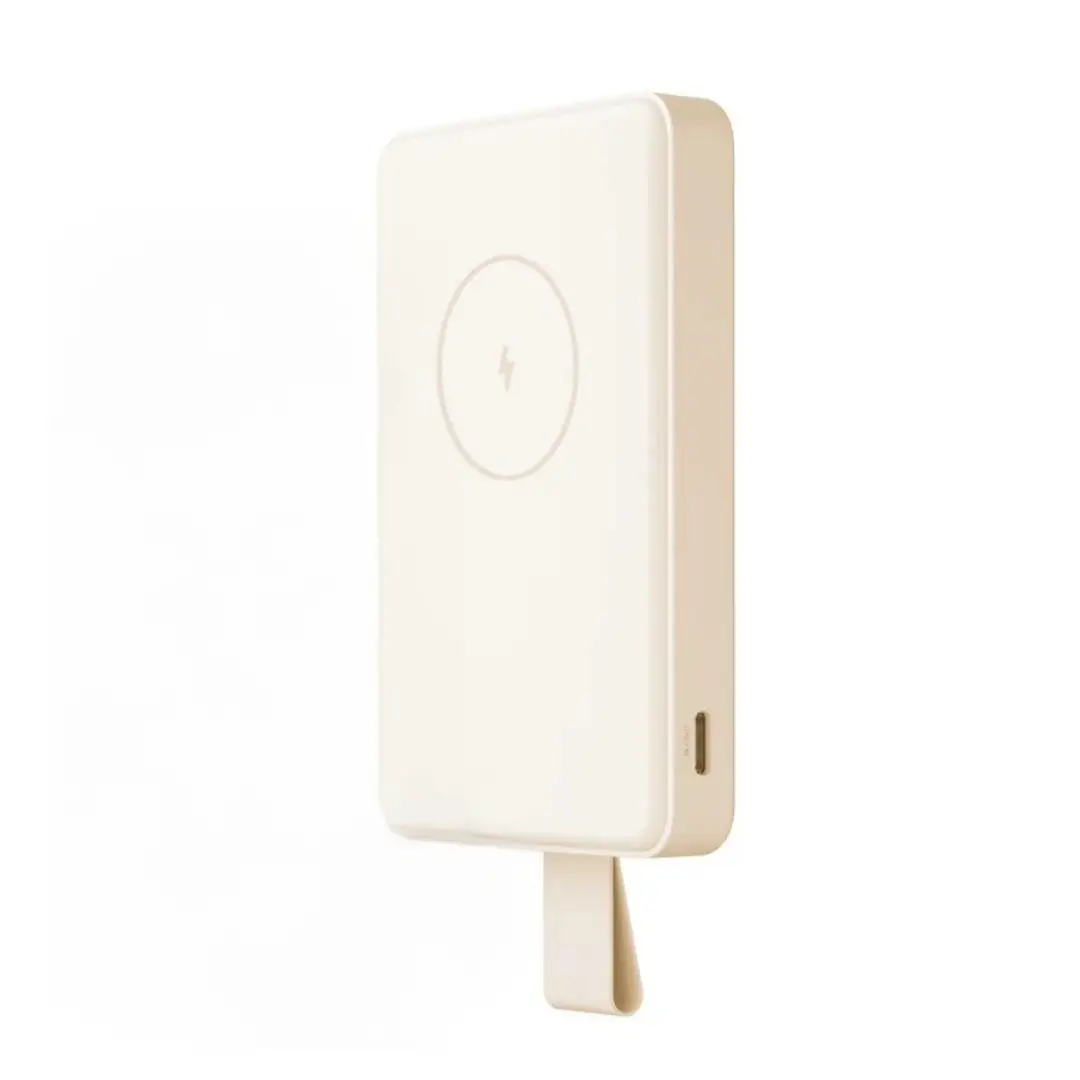 Batería externa Xiaomi Magnetic de 6000 mAh en color beige con carga inalámbrica de 15W y soporte integrado vista frontal compacta y magnética