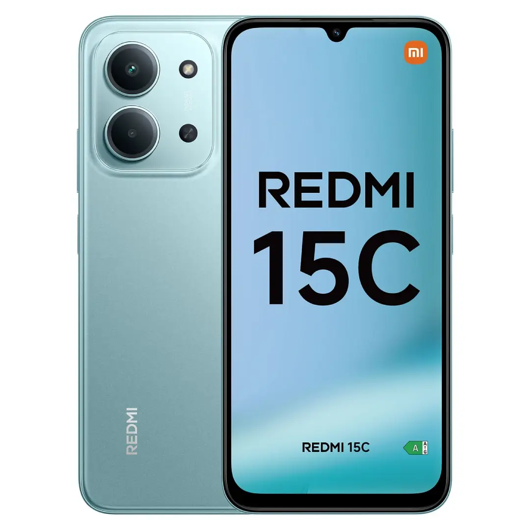 Smartphone Xiaomi Redmi 15C NFC en color Mint Green con pantalla de 6.9 pulgadas 4GB de RAM y 128GB de almacenamiento vista frontal con diseño moderno y gran pantalla inmersiva