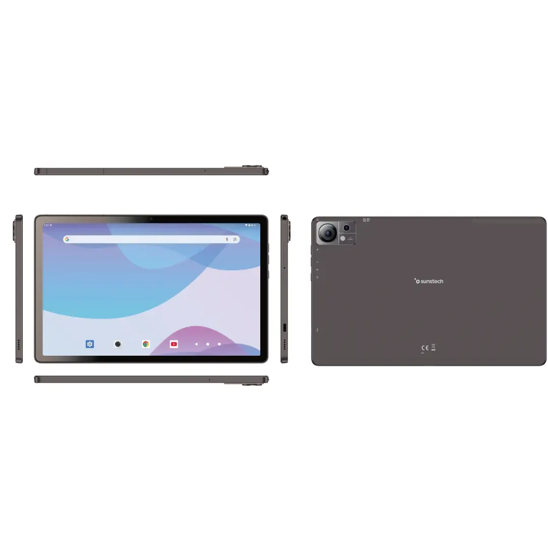 Tablet Sunstech TAB-1015GY de 10.1 pulgadas con 4G, 128GB de almacenamiento, Android 15 en color gris, vista frontal principal.