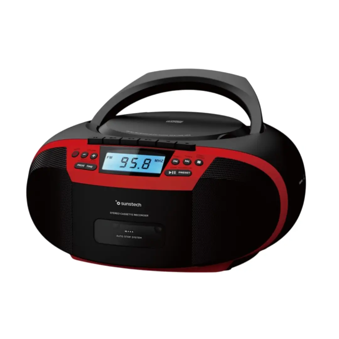 Radio-CD Sunstech CXUM-54BTRD en color rojo con reproductor de cassette, Bluetooth y puerto USB vista frontal con diseño portátil y compacto