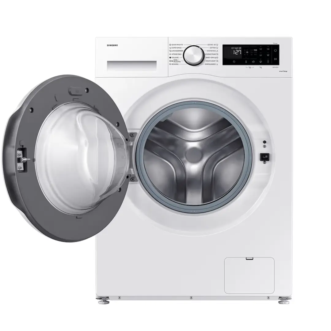 Lavadora Samsung WW-11DG5B25TEEC con puerta abierta mostrando el tambor y capacidad de 11 kg.
