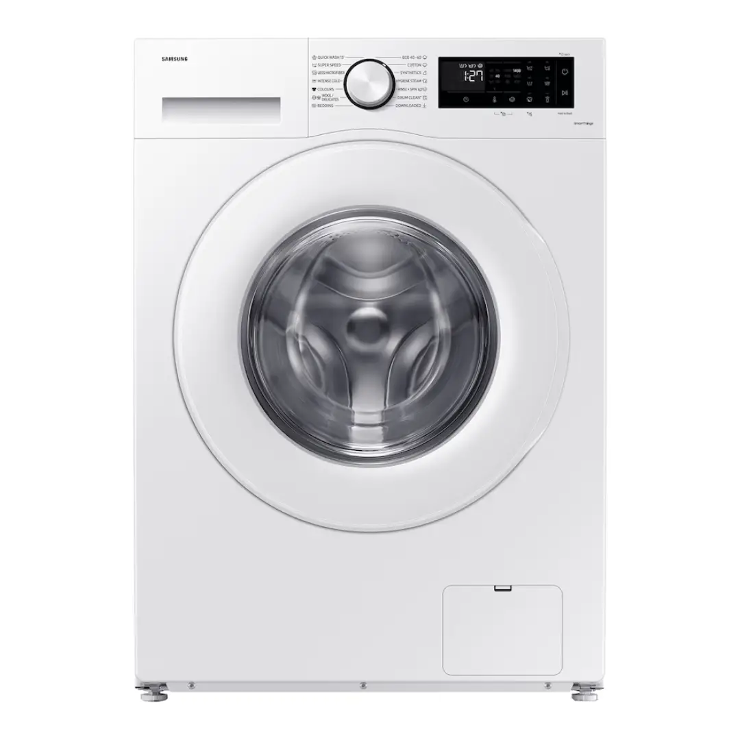 Lavadora Samsung WW-11DG5B25TEEC blanca de 11 kg, 1400 RPM, Clase A con inteligencia artificial AI EcoBubble y Vapor, vista frontal principal.