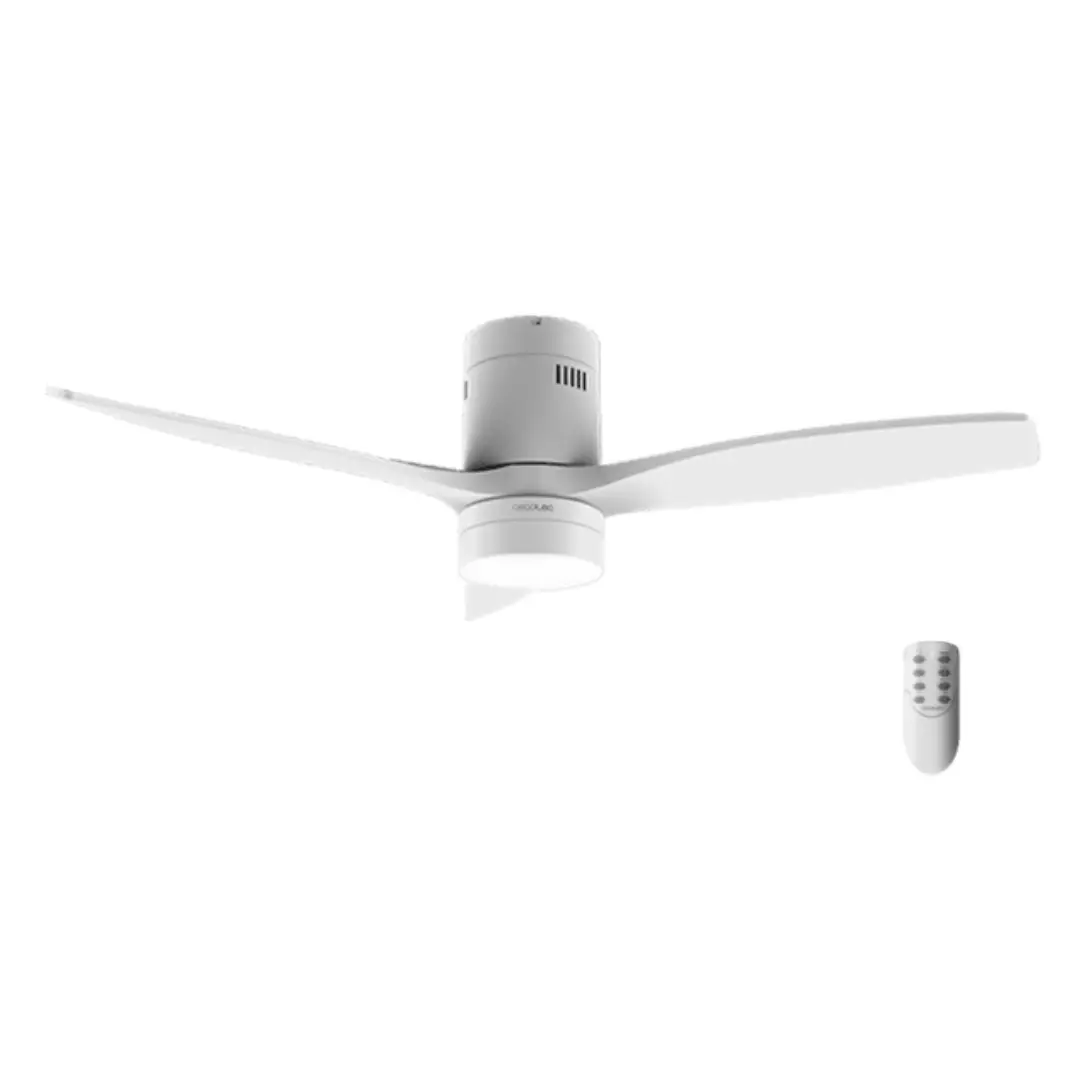 Ventilador de techo Cecotec EnergySilence Aero 5600 en color blanco de 132 cm con motor DC de bajo consumo, luz LED integrada y diseño moderno, vista frontal principal.