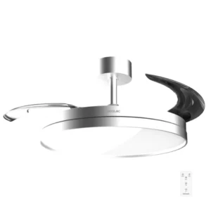 Ventilador de techo retráctil Cecotec A01_EU01_124550 en acero inoxidable de 106 cm con motor de 30W, luz LED y aspas retráctiles, vista frontal principal.
