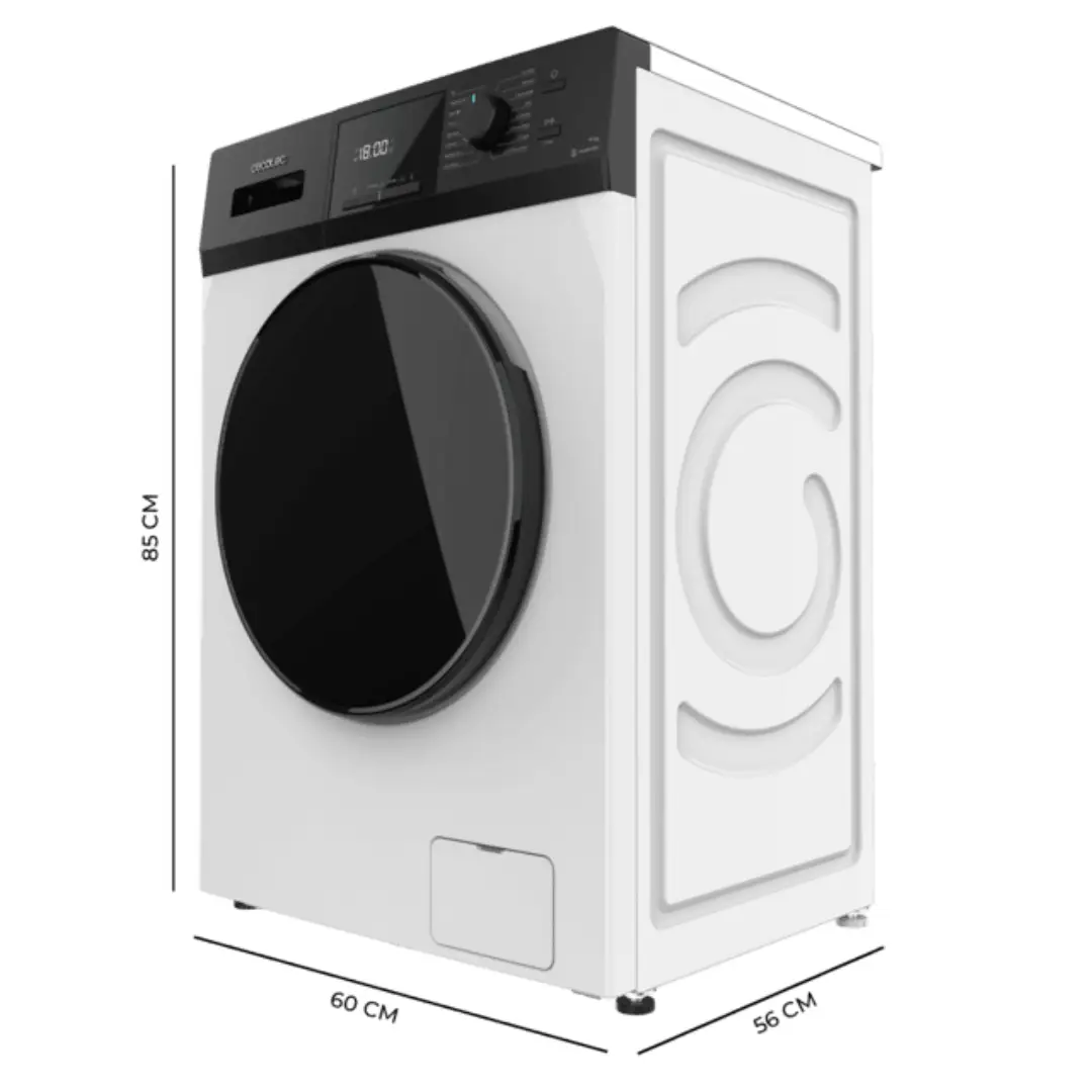 Medidas y dimensiones de la lavadora Cecotec Bolero Dresscode 9410 para instalación en baño o cocina.
