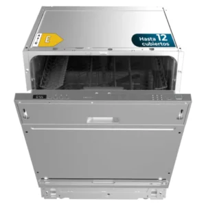Lavavajillas integrable Cecotec A97 de 60 cm, capacidad para 12 cubiertos y eficiencia energética Clase E, vista frontal principal.