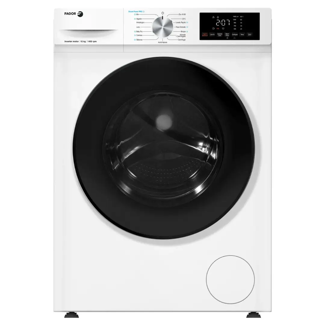 Lavadora Fagor 5FE-10614 blanca de 10 kg de capacidad, 1400 RPM, Clase A con tecnología Vapor, vista frontal principal.