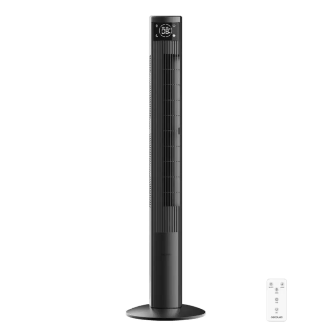 Ventilador de torre negro Cecotec Max Skyline 470 de 119 cm de altura, 45W de potencia y diseño elegante, vista frontal principal.