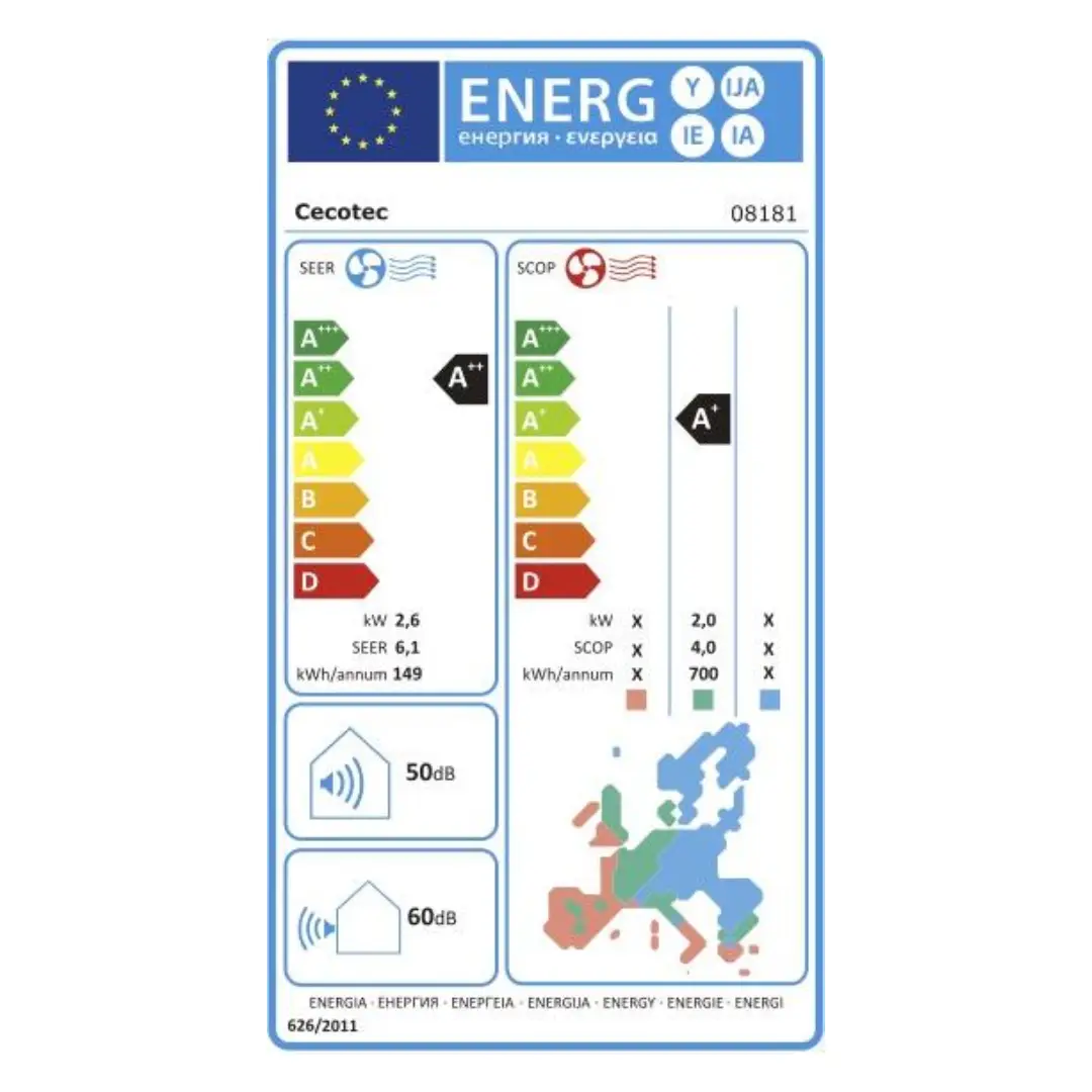 Etiqueta de eficiencia energética A++/A+ del aire acondicionado split Cecotec AirClima 9000 con datos detallados de consumo anual.